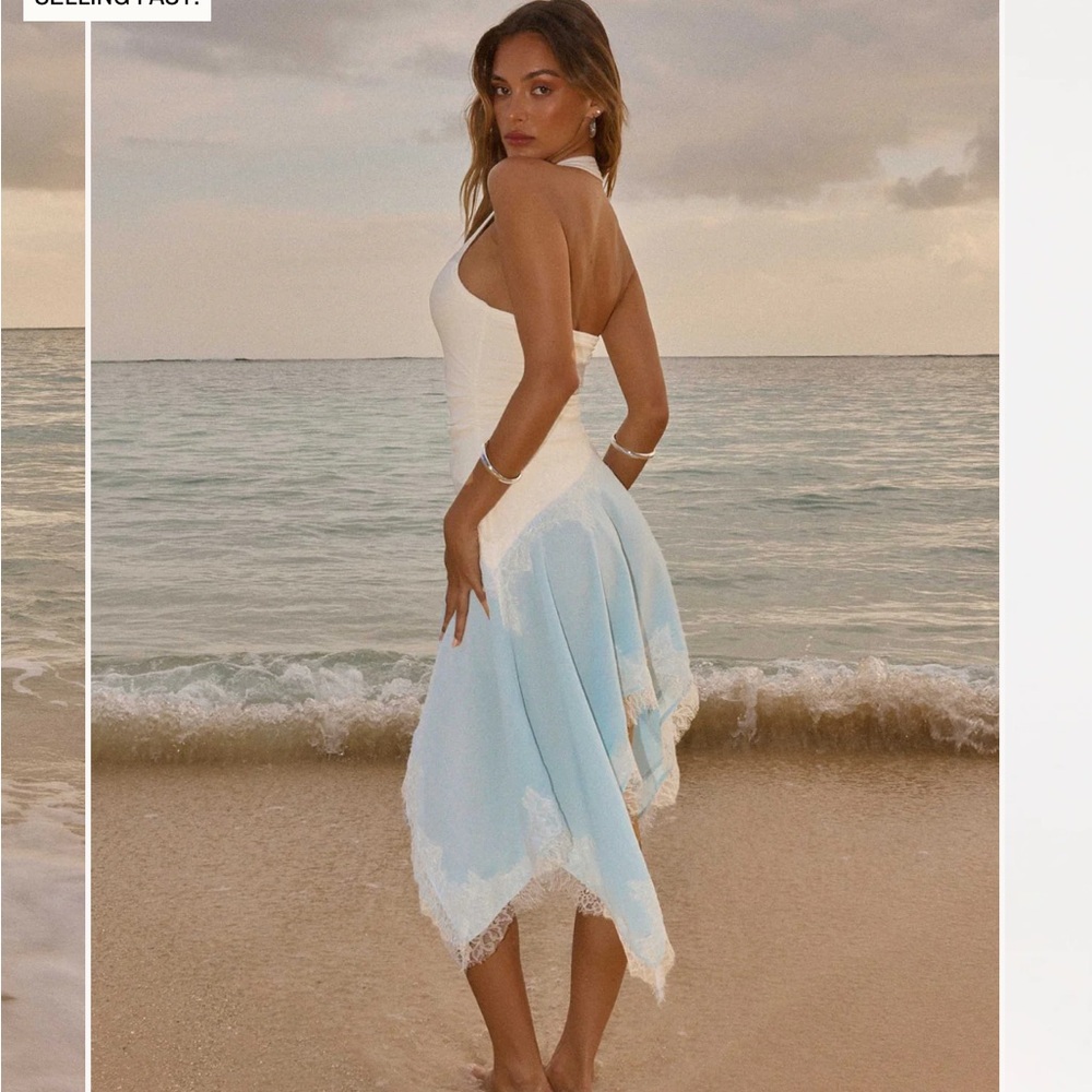 Peppermayo Brionee Midi White and Light Blue Lace Trim Halter Dress - Picture 4 of 10